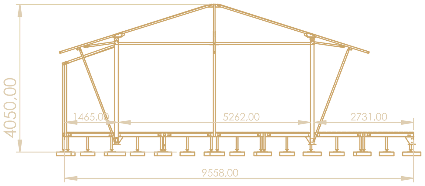 Side elevation drawing of the ARMIS Safari Suite: a 1,465 mm rear bathroom module, 5,262 mm main tent and 2,731 mm front deck, 9,558 mm long and 4,050 mm high overall
