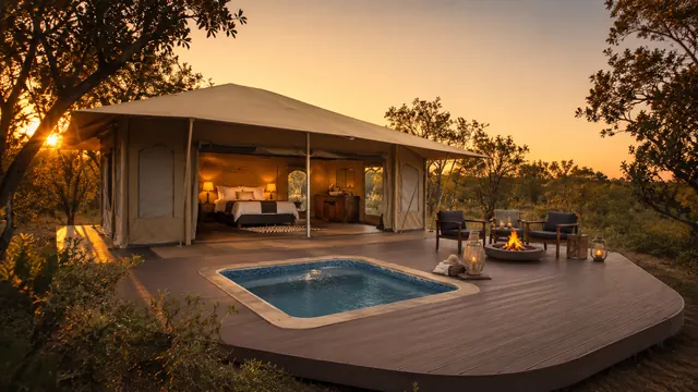 Bespoke lodge tent with plunge pool among bushveld trees