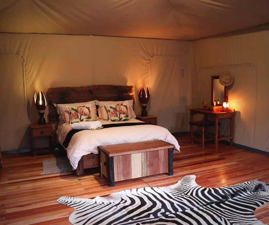 Canvas tent bedroom with reclaimed timber headboard, protea cushions and zebra hide rug
