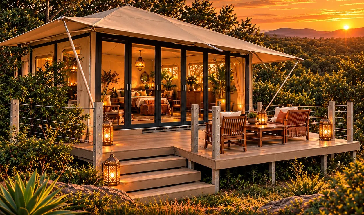 Glamping suite with folding glass doors and lantern-lit deck at sunset
