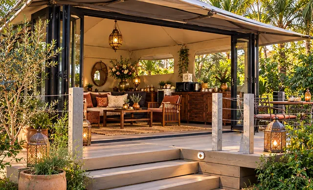 Moroccan-inspired glamping terrace with folding doors, timber seating and lanterns