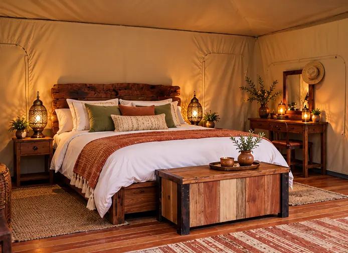 Moroccan-inspired tent bedroom with lanterns, terracotta throw and woven rug