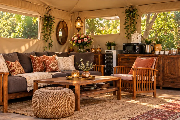 Moroccan-style glamping tent lounge with patterned cushions and timber furniture