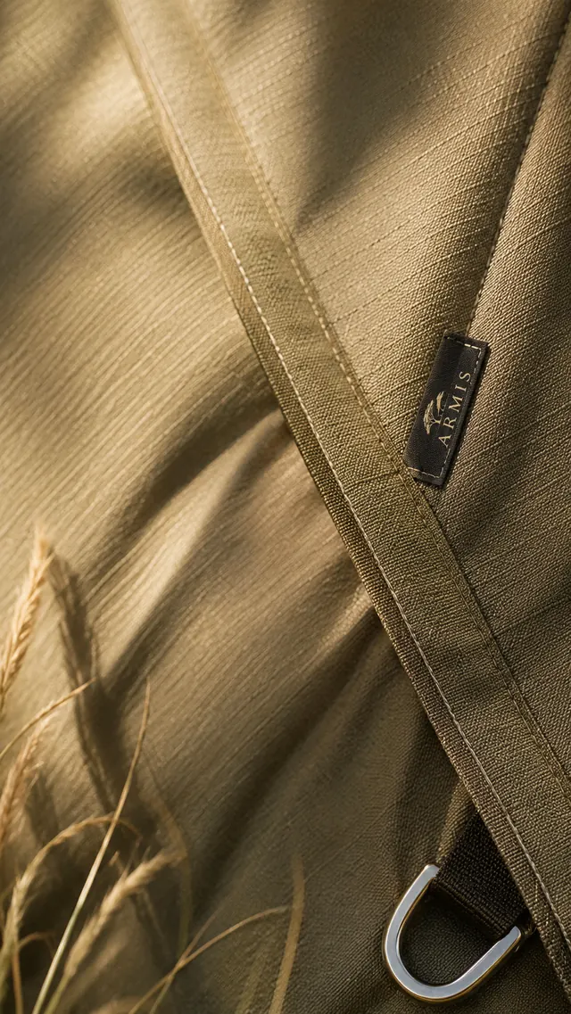 Close-up of RIPTECH 400 safari canvas with stitched seams and steel ring