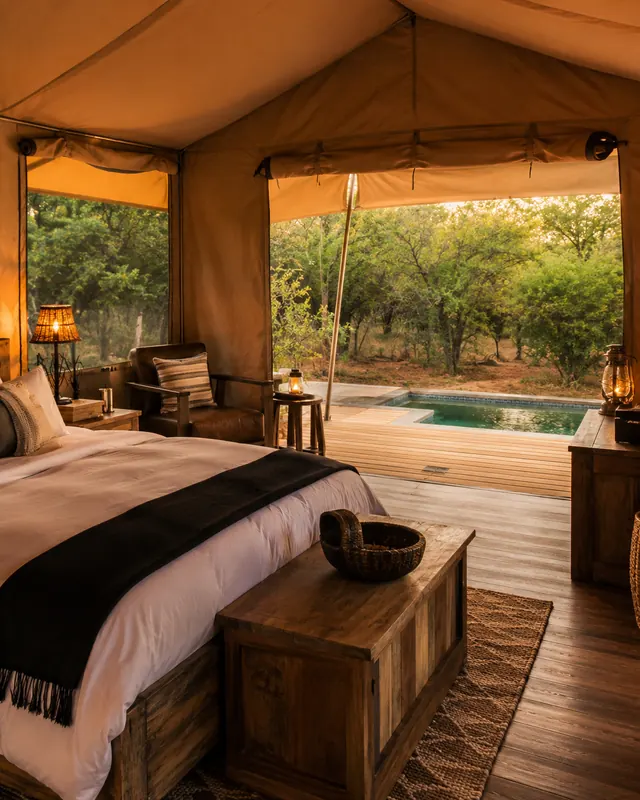 Safari tent bedroom looking out over the deck and plunge pool to the bush