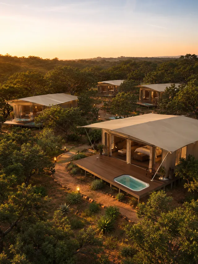 Aerial view of a tented lodge with multiple safari suites and plunge pools
